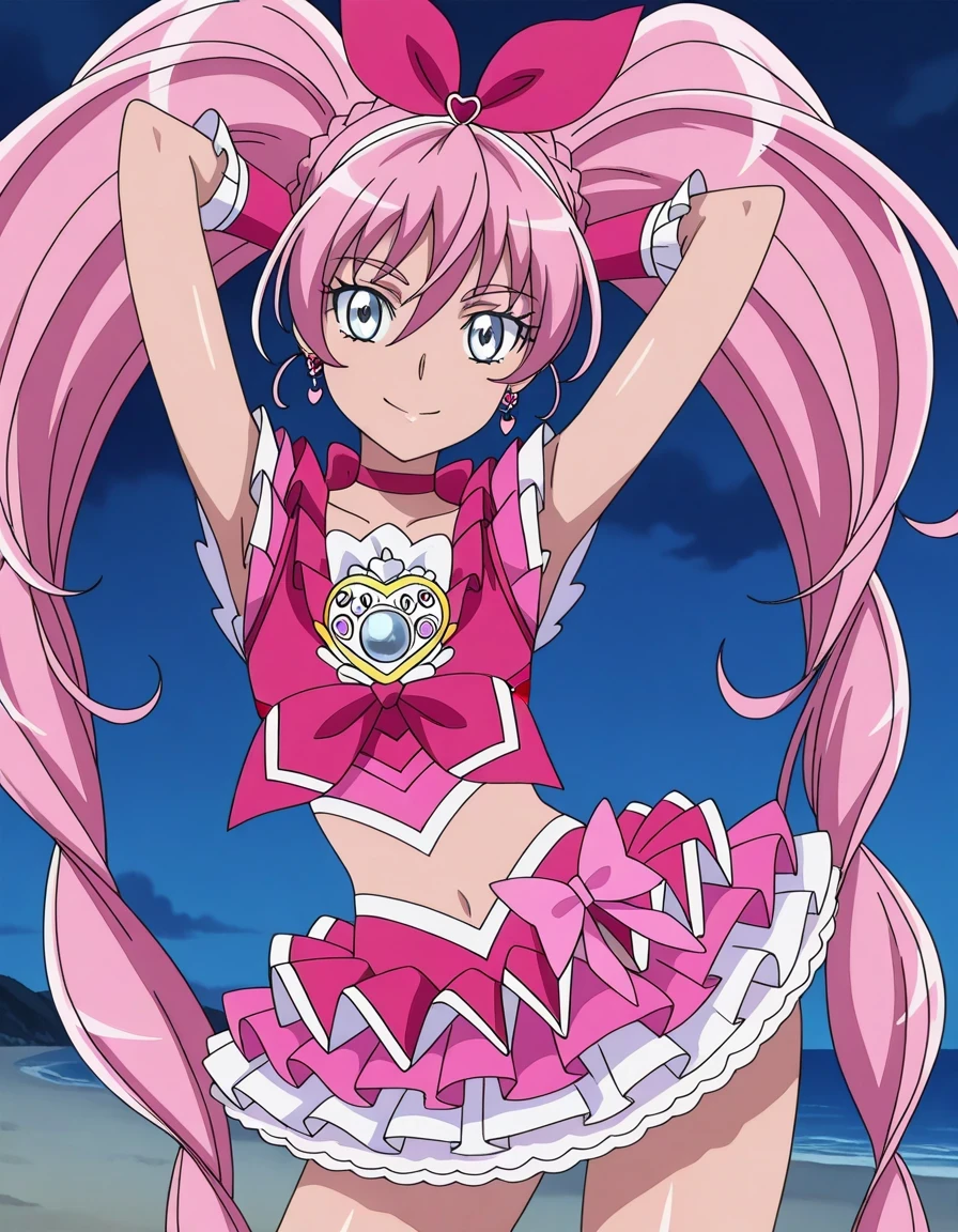 anime, (high quality, detailed, beautiful), shiny, detailed beautiful eyes, outstanding, countershading, detailed soft lighting, an exquisite animation illustration, score_9, score_8_up, score_7_up, source_anime, anime screencap, anime coloring, sidelighting, shiny luminous, 1girl, solo, solo focus, (cure yell), long hair, small breasts, flat busts, shiny skin, wet skin, very sweaty, very wet skin, steaming body, open mouth, smug, blush, pom pom, standing_split, cheerleading dance, arm up, no panties, looking at viewer, sky, dutch angle, cowboy shot, outdoors, beach side, sunset, evening, expressiveh, attractive poses, (poop, pooping,)