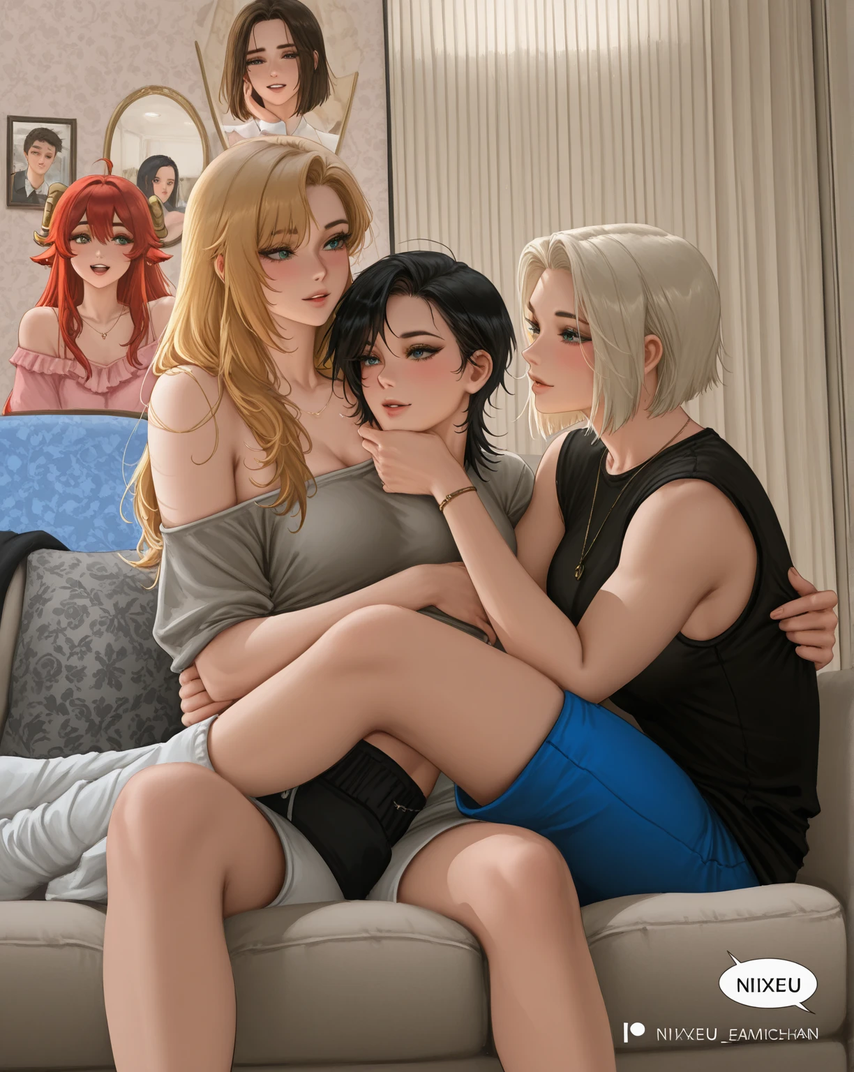 (higher resolution, distinct_image) two heads, two erect cocks, hairy testicles, flashing her milky breasts, The best quality, a woman, masterpiece, highly detailed, semi realistic, 21 years old, beautiful, young, handsome, t-shirt, lilac shirt pulled, second head stretching collar on neck, interior, modern room, window, wake up, morning, blush, smiling