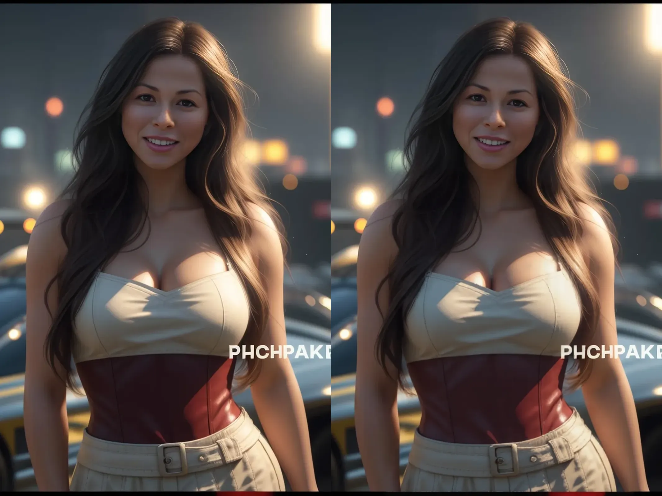 masterpiece, (photorealistic:1.5), best quality, beautiful lighting, nami \(one piece\), 1girl, bangle, bangs, bare shoulders, belt, latex bikini, latex bikini top only,bracelet, big breasts, brown eyes, bubble, cleavage, denim, earrings, green belt, green latex bikini, blue latex jeans, jewelry,navel, long orange hair, standing in a Porn Studio Srage