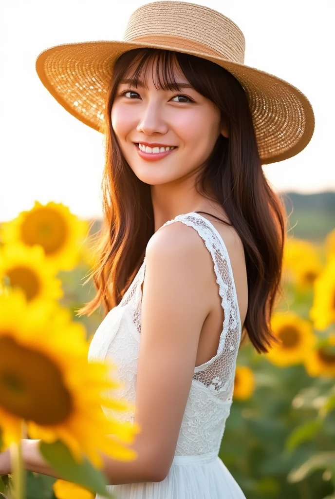 (realistic, photo-realistic:1.4), (extremely detailed 8k wallpaper), bokeh, detailed beautiful eyes and skin, (Image from thighs to head:1.3), (Japanese idol:1.4), 25yo, beautiful woman, smile, Nogizaka, large breast, Sunflower yellow sundress, Carefree, Golden hour sunlight, Blooming sunflower field,
