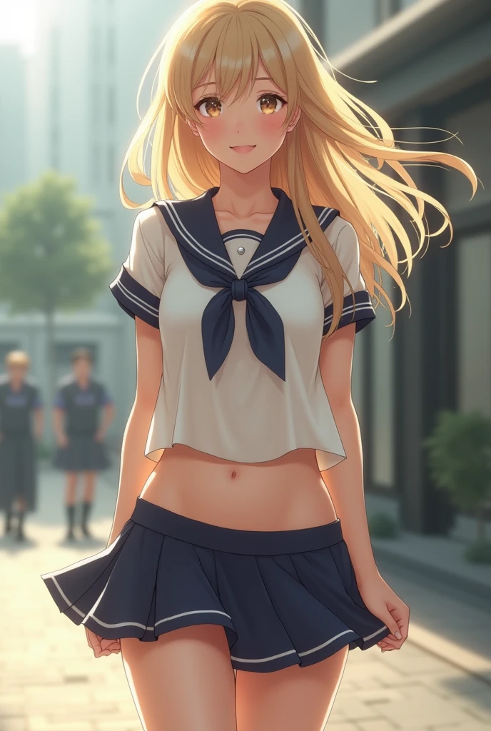 nsfw:1.6, Top quality, masterpiece, ultra high resolution, , (top quality, high resolution, 4K, detailed lighting, shaders, perfect anatomy, perfect proportions), eye of the beholder, (masterpiece, top quality) (top quality, 4K, 8K, high resolution, masterpiece: 1.2), highly detailed, (masterpiece: 1.3, top quality, ultra high resolution, ultra detailed), (top quality: 1.2), perfect eyes, perfect face, perfect lighting, (top quality, 4K, 8K, high resolution, masterpiece: 1.2), highly detailed, (top quality, 4K, 8K, high resolution, masterpiece: 1.5), highly detailed, masterpiece, top quality, ultra detailed, top quality, high resolution, 32K CG, very delicate and beautiful, illustration, high resolution, sharp focus, front lighting, glow, girl 1 person, solo, smiling, very beautiful and detailed anime face, very detailed eyes, ((masterpiece)), ((best quality)), (super detailed), ((cute)), cute, ((very detailed)), 4K, (8K), best quality, (best quality, 8K, 32k, masterpiece, super high resolution, very detailed, impressionistic:1.2), blurred background, (((two arms))) , (((two foot))), (((four fingers and 1 thumb))), Best quality , ((only one naval)),
(((Beautiful high school girl))). (White blonde hair). (((Sailor uniform))). ((((Shirt rolled up to expose breasts)))). (((White panties))). (Brown skin: 1.3). ((Neatly trimmed blonde pubic hair)). ((Ponytail)). ((Hair neatly tied up on top of head)). ((Bangs swept to the side to show forehead)). Beautiful blue-green eyes. ((Realistic pupils)). (Plump lips with rouge). ((Big breasts)). (Full breasts). (Well-shaped breasts). (Small pink nipples). (Neat waist). Perfect proportions. ((((Slender body)))). ((Well-proportioned body)). ((Sexually alluring)). Smiling. (((White choker))). Earrings. Necklace. Bracelet. Anklet. (((Running happily)). ((Bust close-up)). ((Private high school hallway)). Relaxing. ((Beautiful and realistic background)). ((Evening)).