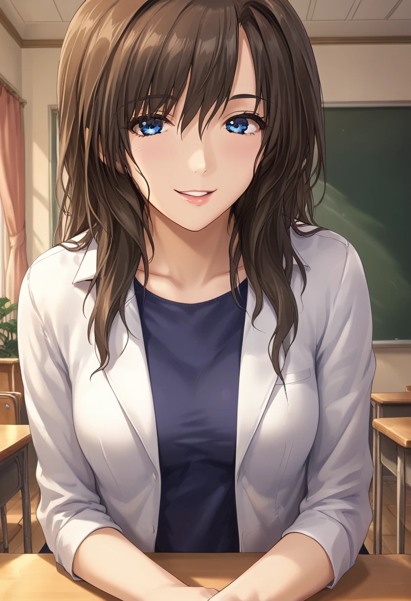 ((Tabletop, Highest quality, High resolution, , Pixel Perfect, 4K,))), 1 female teacher, single, alone, beauty、The whole body is visible、 ((Medium Wavy Hair, bangs, Brown Hair)), ((Brown eyes, Beautiful eyelashes, Realistic eyes)), ((Detailed face, blush:1.2)), ((Smooth texture:0.75, Realistic texture:0.65, Realistic:1.1, Anime CG style)), Center of chest, Dynamic Angle, Perfect body, (( , , Wearing a white coat、Female doctor、、, 、))、、Very embarrassing panic smile, 、black flared skirt、classroom、Sit on a chair、Please lift up your skirt and show me your pants.、、(Showing off her white and pink floral lace panties、)、Angle from below)、