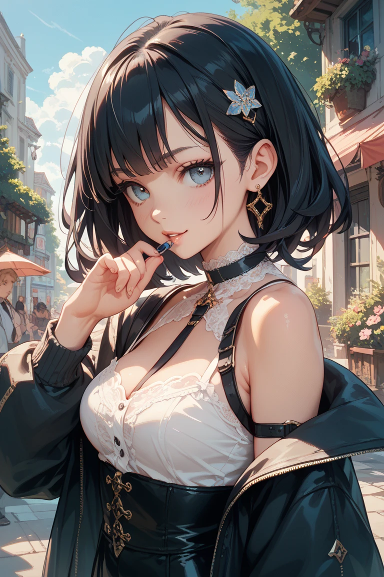 nozomitoujou, Nozomi-san always, (Green Eyes:1.5), Purple Hair, Short Hair,White hat,Big Breasts,Bare shoulders,Bare arms,bare clavicle,Bare neck,Locket Necklace,happy smile, smile, Open your mouth,Off-the-shoulder sleeveless dress,Long skirt,Heeled Sandals,True Summer,Daytime,Clear skies, break looking at viewer, break outdoors, In town,Building district, break (masterpiece:1.2), highest quality, High resolution, unity 8k wallpaper, (figure:0.8), (Beautiful fine details:1.6), Highly detailed face, Perfect lighting, Highly detailed CG, (Perfect hands, Perfect Anatomy),