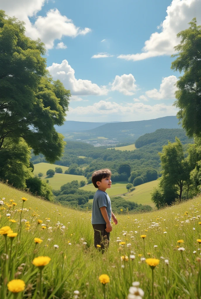 a boy sitting in the open field with a monsoon whether far across there are spruce trees giving scary vibes 