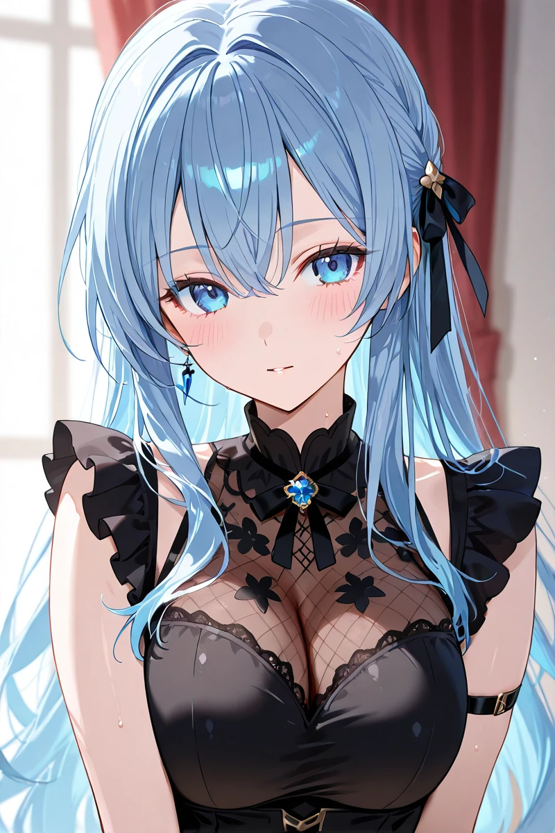 Best Quality,High resolution,8K,finelity detailed background,Masterpiece:1.2),beautiful girl,Shiny light blue hair,blunt bangs,Light blue eyes,Gentle look,A refreshing look,smile,Best quality,Best Quality,Aesthetic and aesthetic:1.2,Best details((Super detailed))(High-definition CG illustrations),Upper Body, Black underwear,(black intricate lace),Slender body,night,moon,Bedroom,On the bed,smile,blush,cute,Scrounge,Looking up,Being spoiled,super model,wariza,shoot from,below