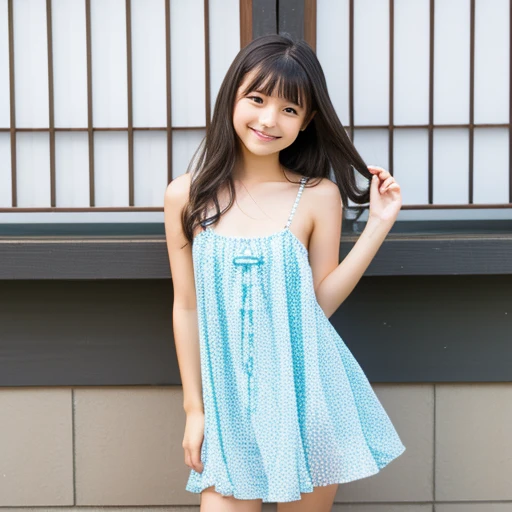 8k,masterpiece,Japanese,12-year-old girl,from the front,smile,Innocent face,Calm Eyes,semi-long,Black Hair,bright,Underdeveloped,Camisole dress,Summer clothes,garden,Thighs,Wide open chest,No sleeve,Shoulder straps,spin