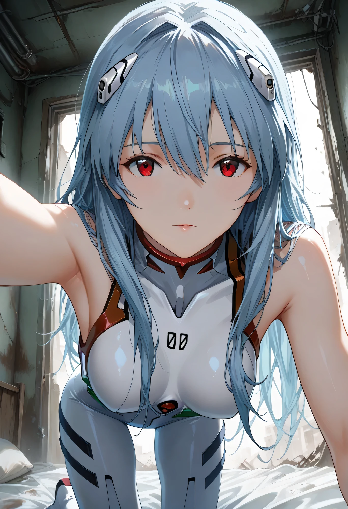 best quality, masterpiece, looking at viewer, 1girl,portrait of r31ayanam1, Dirty bedroom in an abandoned building, Old bed, 1girl, blue hair, red eyes, long hair style, white plugsuit, Armpit , all fours