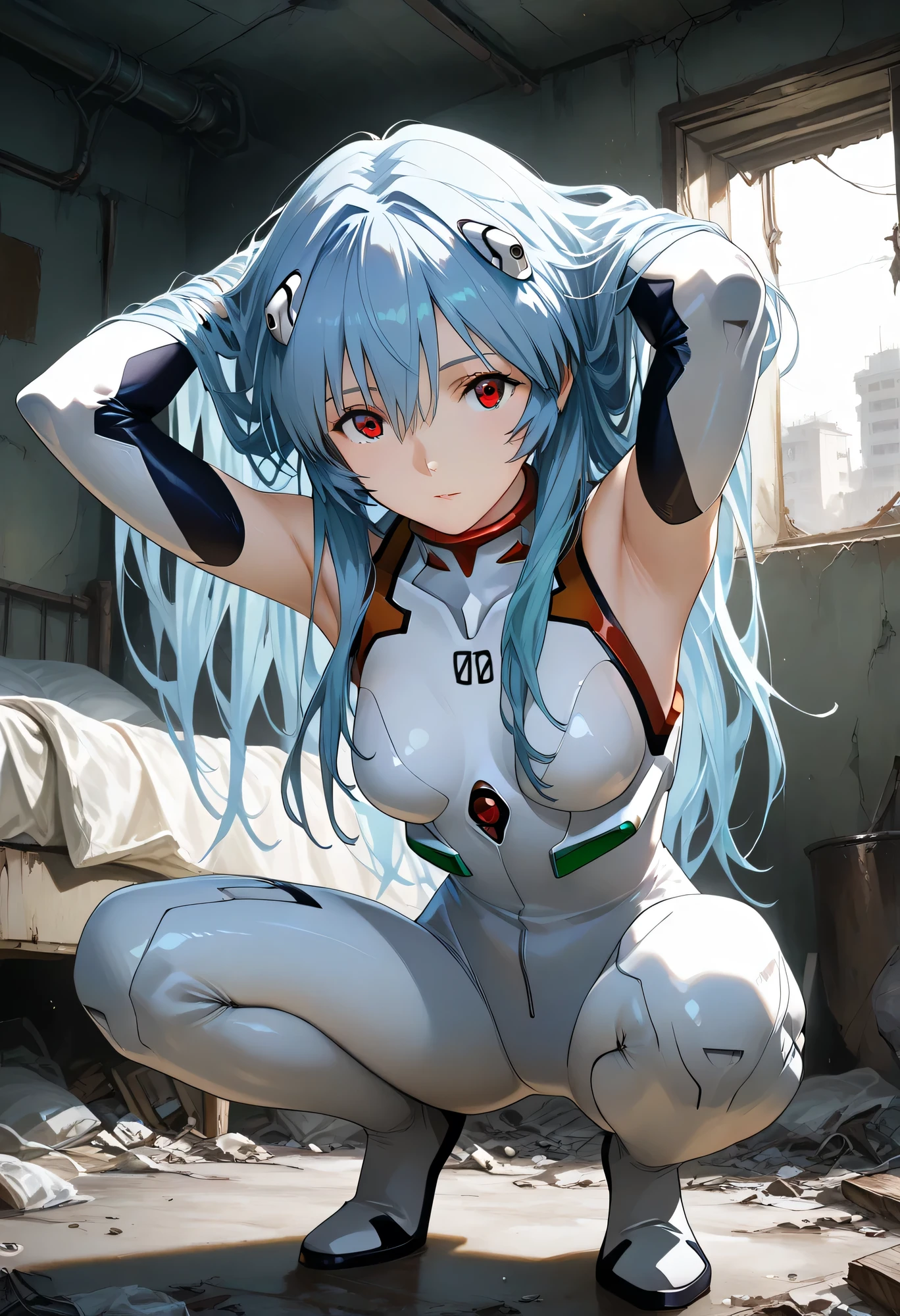best quality, masterpiece, looking at viewer, 1girl,portrait of r31ayanam1, Dirty bedroom in an abandoned building, Old bed, 1girl, blue hair, red eyes, long hair style, white plugsuit, Armpit , Squatting,