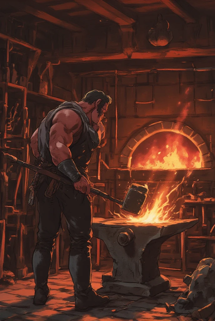 Interior of a blacksmith’s forge. A burly blacksmith a 50-year-old male blacksmith with a burly build and arms like tree trunks marked by old burns and scars, a face often covered in sweat and soot from the forge, wearing practical, sturdy clothing, exuding a practical and reliable demeanor with a kind-hearted nature beneath his gruff exterior, and showing his loyalty to the villagers and heroes by always being ready to provide support is working on a weapon. The forge is filled with tools and weapons, and the atmosphere is intense with heat