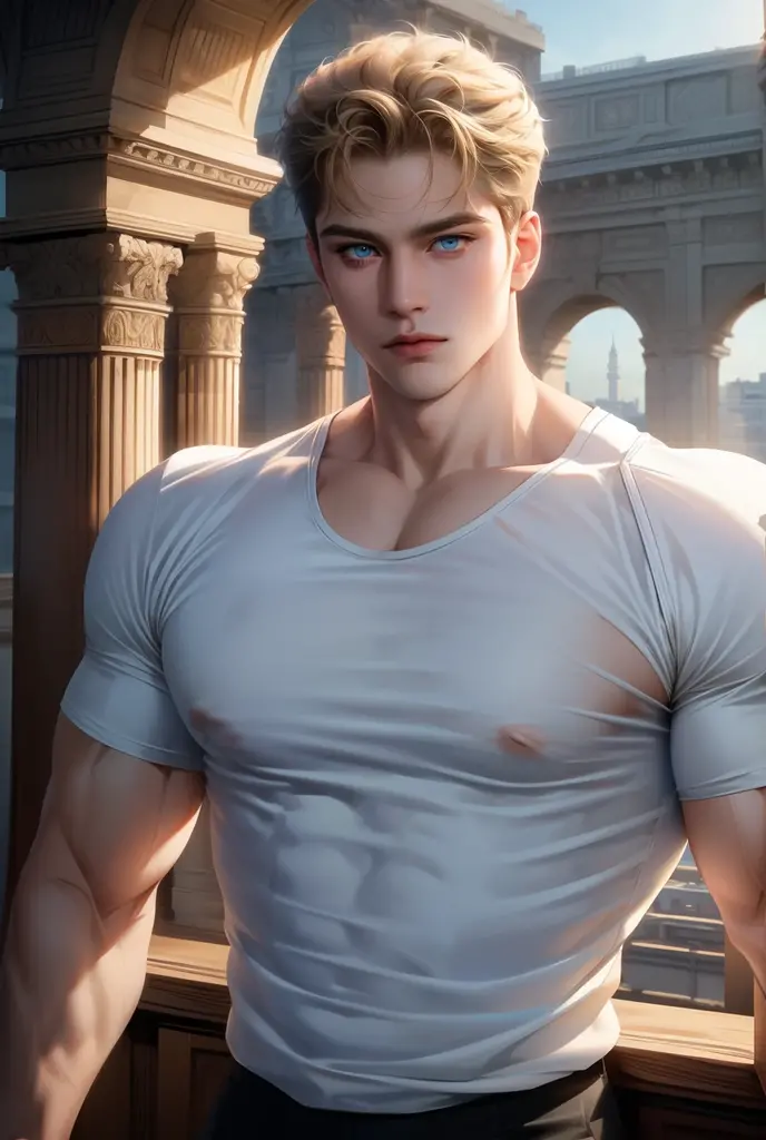 (masterpiece,best quality,ultra_detailed,highres,absurdres),1 mature male, 30-ish, (wide shoulder), (muscular), big body, male focus, solo, blue light eyes, blue light eyes color, upper body, short hair, blonde hair color, looking at viewer, flat face, parted lips, round eyewear, Masterpiece, high quality, best quality, HD, realistic, perfect lighting, detailed body, 1 man, white shirt, calm expression, in the construction background,