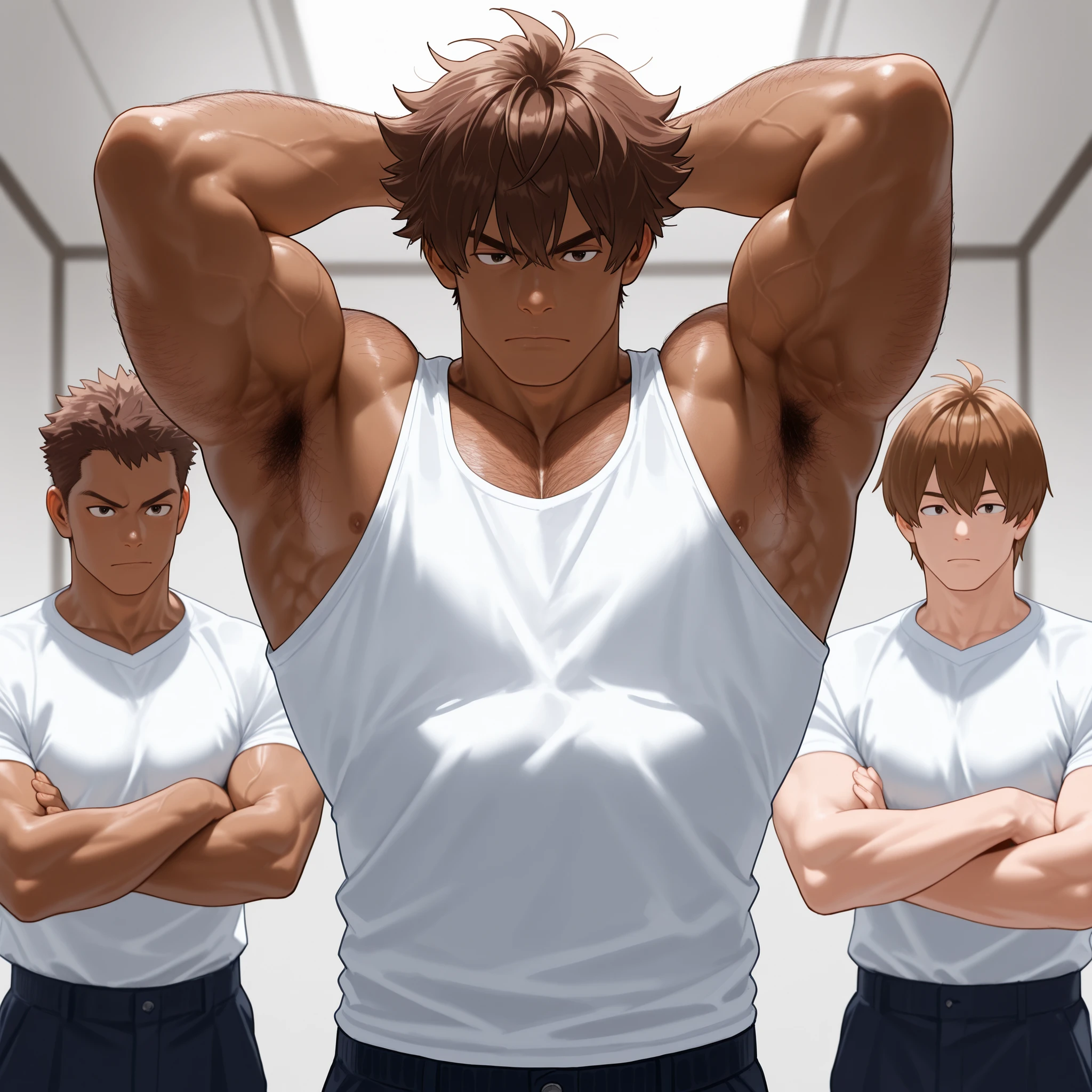 1 tall, muscular, dark-skinned malem, hairy body, Highest quality、masterpiece、Super Detail、armpits hair, arms hair, blown hair, 一本一本詳細な体毛、realistic hair, 一本一本詳細な体毛、realistic hair, brown hair, manly man、体毛フッサフサ、脇毛もフッサフサ、黒い細い毛がこびりついている, big hip, short hair, wide view:1.2), all men, all boys, muscle,