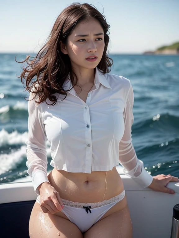 (Gray background、pubic hair、Large Breasts、((Thighs))、Curly Hair、Disheveled Hair、Cute woman、high school girl、White shirt、Navy blue mile、Open chest shirt、A wet shirt with underwear showing through、Gazing at the sea、On the boat、Watching from behind