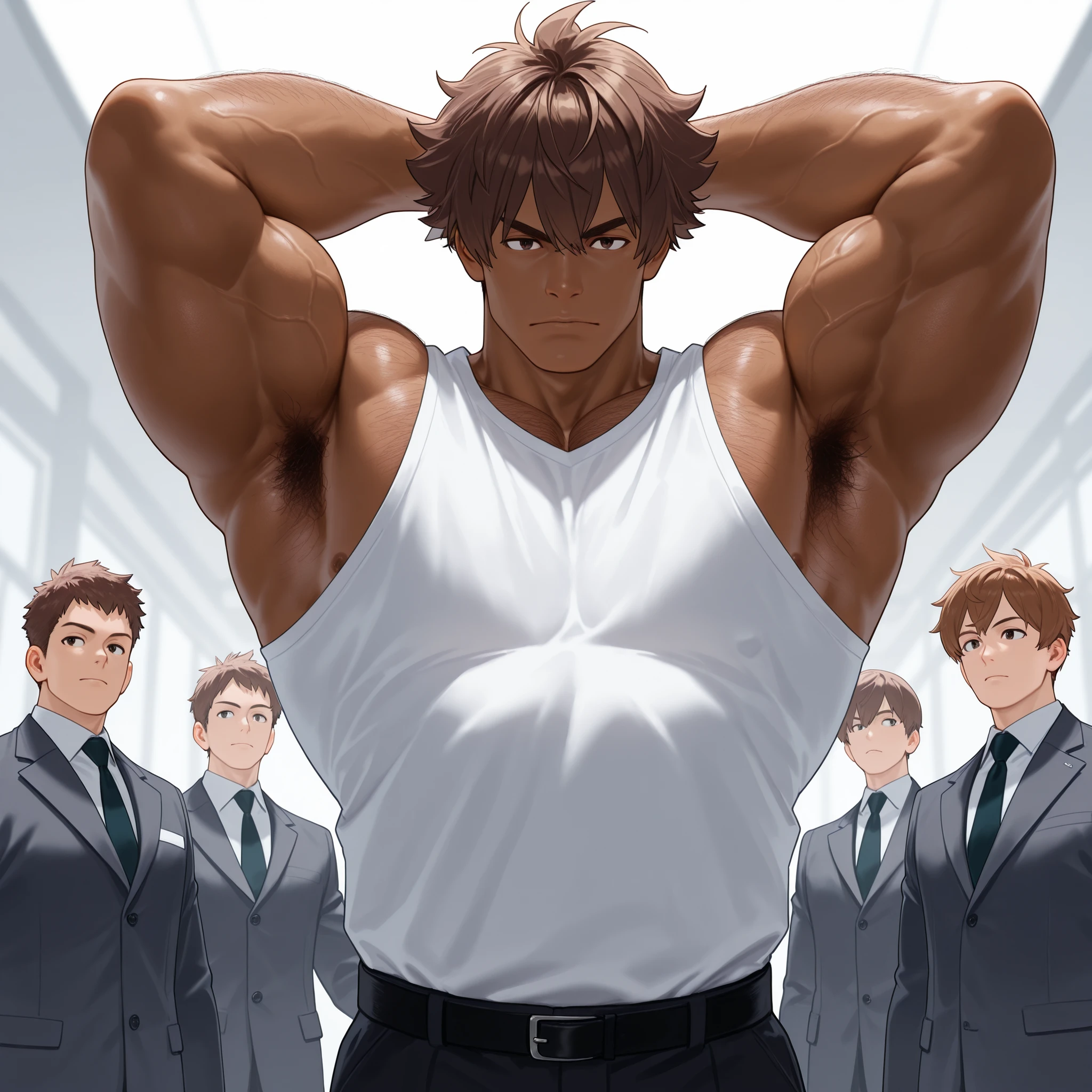 1 tall, muscular, dark-skinned malem, hairy body, Highest quality、masterpiece、Super Detail、armpits hair, arms hair, blown hair, 一本一本詳細な体毛、realistic hair, 一本一本詳細な体毛、realistic hair, brown hair, manly man、体毛フッサフサ、脇毛もフッサフサ、黒い細い毛がこびりついている, big hip, short hair, wide view:1.2), all men, all boys, muscle,