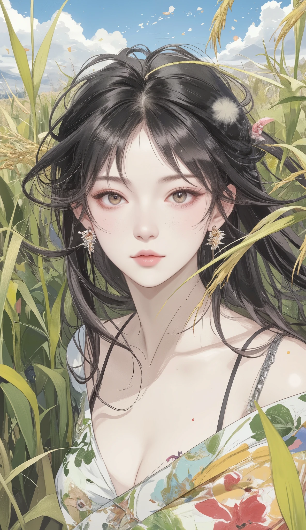 masterpiece, Best Quality, ultra resolution, perfect anatomy, a woman, Detailed Faces,Sun、Blue sky、 White Clouds 、yellow ears of rice、Green grassland、Orientation Line、Soaring Dust 、minimalist、fisheye lens from the sky、light particles Fauvism fantastic, dramatic, dynamic, absurd, metaphysics