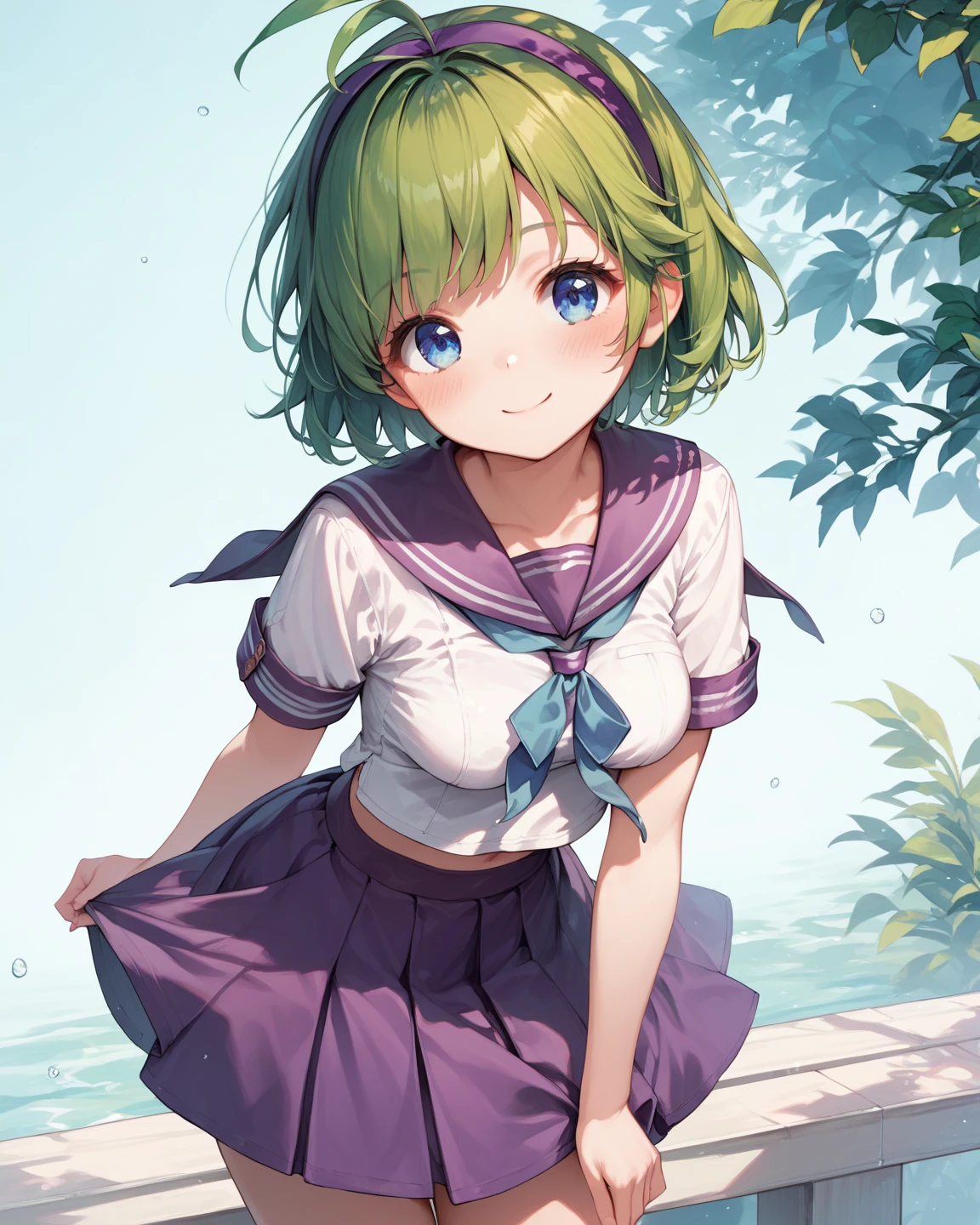 1 girl, cute, young, green hair, bob haircut, green eyes, sailor uniform, mini skirt, thigh high,