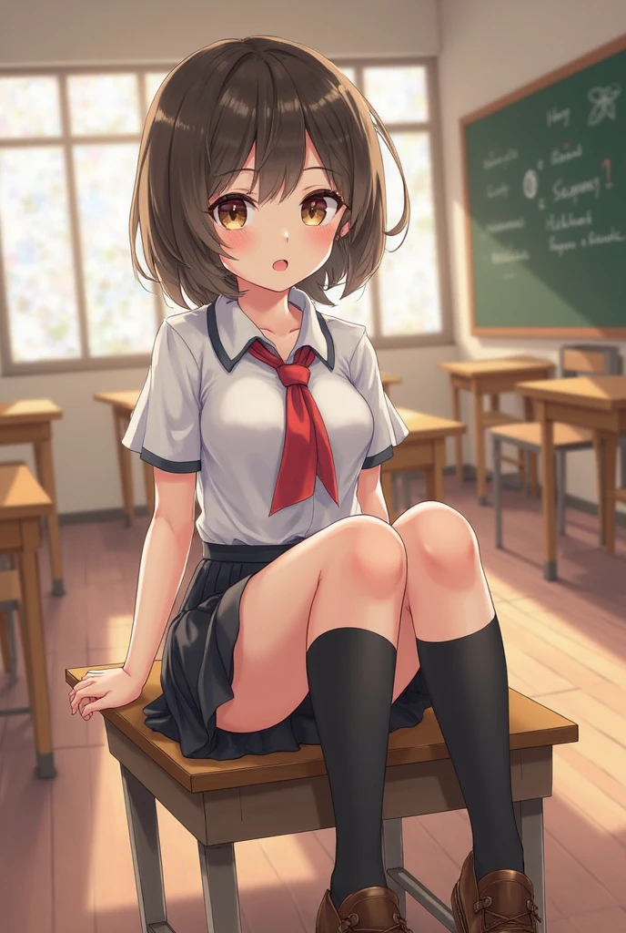 A girl and a boy in , squatting in a riding position, throwing something, exposed panties, (classroom:1.1), sunlight, (half-closed eyes:0.4), (parted lips:1.4), (reddened nose:1.2), light smile, (neurotic), (best quality,4k,8k,highres,masterpiece:1.2),ultra-detailed,(realistic,photorealistic,photo-realistic:1.37),surreal,Peace sign with both hands,