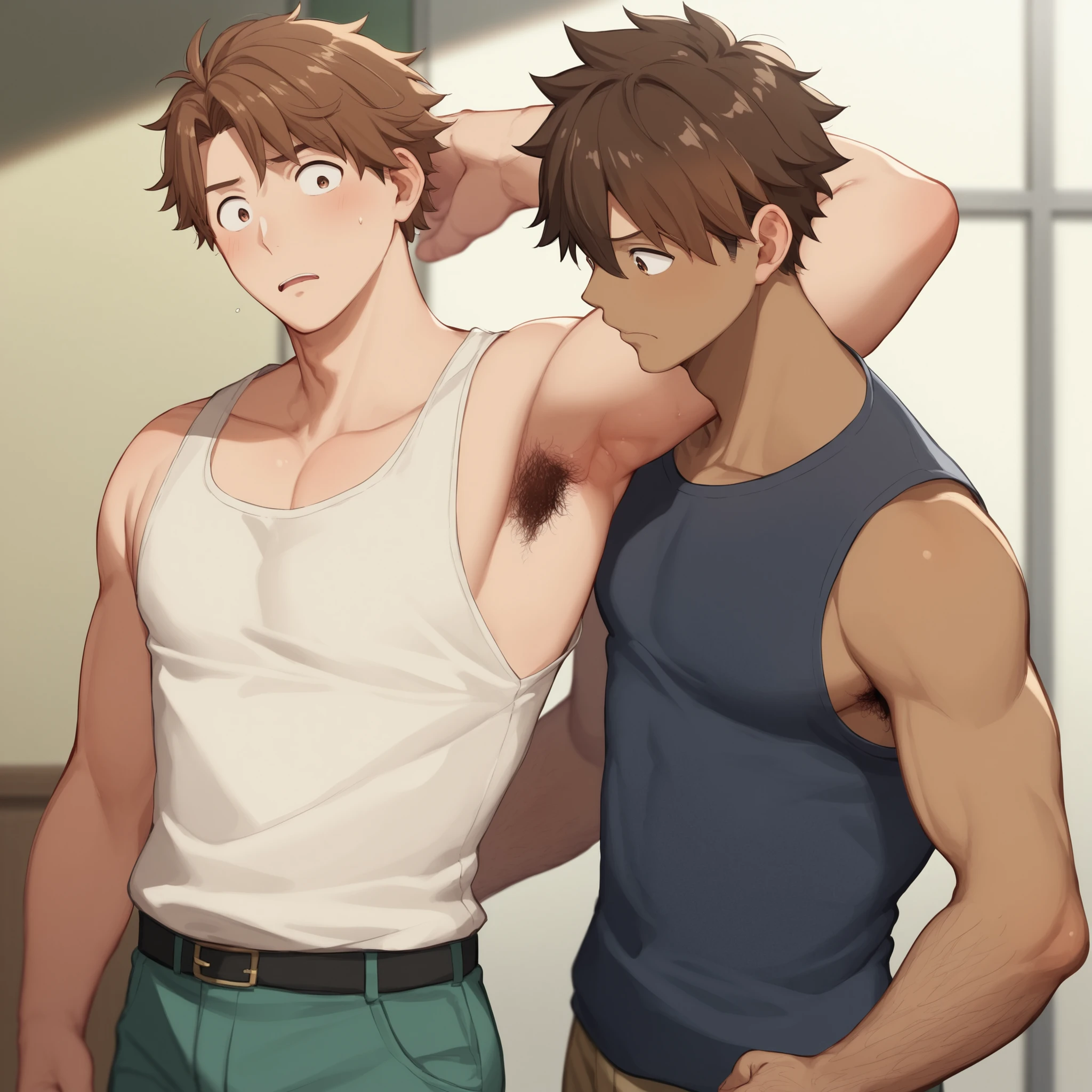 1 tall, muscular, dark-skinned malem, hairy body, Highest quality、masterpiece、Super Detail、armpits hair, arms hair, blown hair, 一本一本詳細な体毛、realistic hair, 一本一本詳細な体毛、realistic hair, brown hair, manly man、体毛フッサフサ、脇毛もフッサフサ、黒い細い毛がこびりついている, big hip, short hair, wide view:1.2), all men, all boys, muscle,