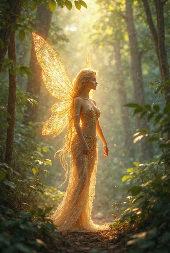 Female fairy. she has a crown of flowers on her head. she is so young and perfectly beautiful and glamorous. Her chest is dazzing. image is whole body. Enjoying the forest. There are fireflies around her. the wings shine. Glowy mood. Bokeh 1.8.