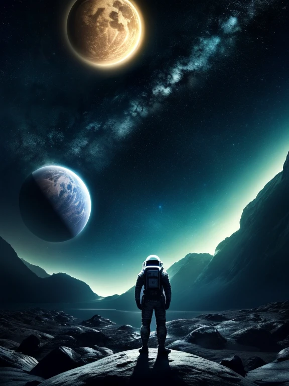 Stylized anime artwork, studio ghibli, an intrepid space ranger explores and alien planet, an amazing sky in the background filled with stars and swirling galaxies, distant nebula, a bright planetary moon, masterpiece, best quality, absurd res, subsurface scattering, anime studio, cinematic lighting