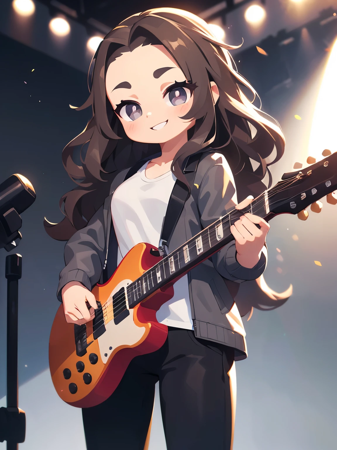 front view,(best quality, ((masterpiece)), Detailed Eyes, 8K resolution,detailed clothes),1 woman,3d,chibi,((deep dark gray brown hairs)),long wavy hairs,((gray jacket)),white shirts,(black pants),(forehead exposed),smile,on the stage,guitar,gray eyes,cool