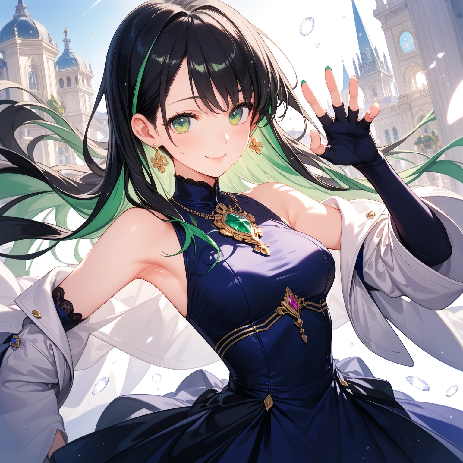 (Highest quality)、(Highest quality)、cute、(choker).eyes are emerald、(ponytail)、(Black Hair)、