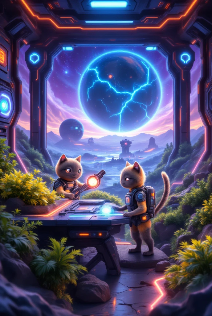 Star Migration、and cute, anthropomorphic cat-shaped creatures are working、Inside the colony、High-Tech Equipment、artificially cultivated crops、, the background seen from the window is space
