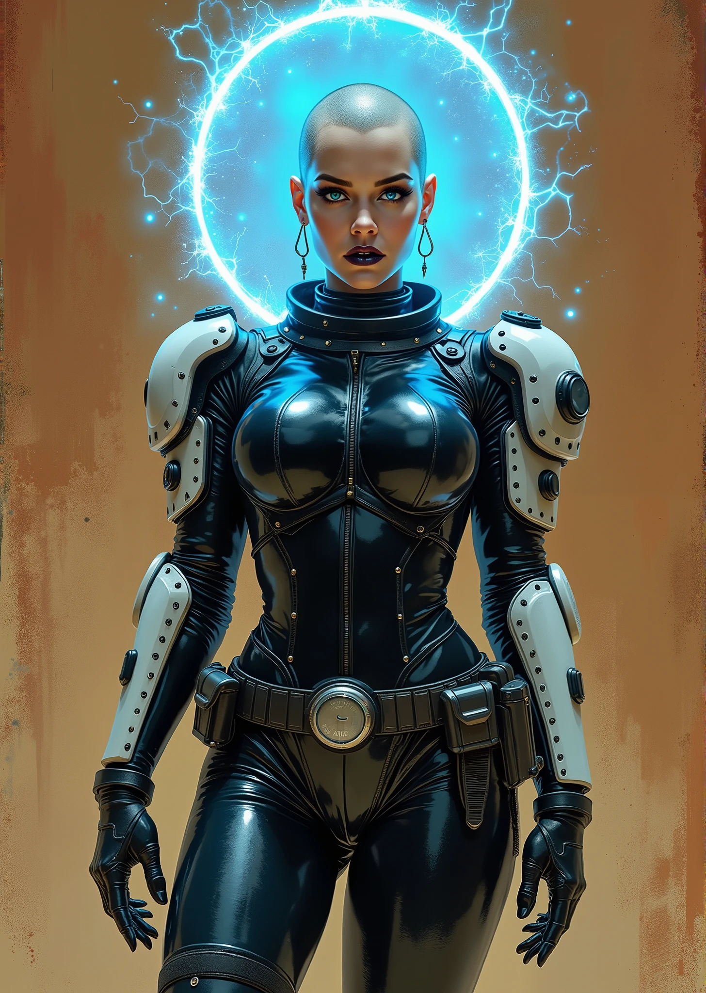 An extremely detailed comic book illustration depicting an extremely curvaceous stunningly beautiful retro science fiction stealth infiltration agent portrayed by a young Katy Perry nineteen years old with pale skin a shaved head and stunning blue eyes wearing a full body black latex body suit with white hard plastic armored plates on her torso knees shoulders and elbows and retro science fiction tubes boxes and pouches attached to it like a character from an early 50s science fiction show with a gleaming blue halo of energy surrounding her head like some kind of post apocalyptic angel emanating from a series of black cybernetic rivets on her scalp with a look on her face that is somewhere between inviting and alluring and sinister and mischievous in an art style inspired by Frank Miller and Conan the Barbarian. The body suit is a single piece with long sleeves and full length pants which emphasizes her massive breasts and extremely long legs. She has pale skin, striking blue eyes accentuated by dark gothic makeup, and full lips colored in a muted black shade. Her black hair is shaved bald. The lighting is soft and diffused, casting subtle shadows and highlights that emphasize her facial features and the texture of her clothing while maintaining a somber mood. The background is in textured brushstrokes of painted desert tones in sandy tan and ruddy clay reds. The background is in dark moody textured brushstrokes of sandy tans and ruddy clay reds. Standing in a dynamic action pose. Trending on Art Station.