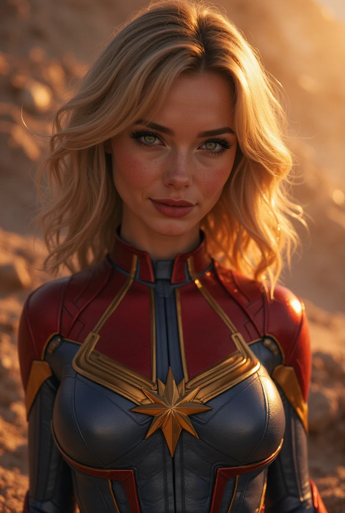 Meghan Markle, wearing Captain Marvel costume sexy clothes, her costume is transparent, (revealing her skin), professionally retouched, soft lighting, realistic, smooth face, perfect eyes, sharp focus on eyes, 8 k, high definition, insanely detailed, intricate, elegant. in a cosmic background, (((visible breasts))), she is removing her. Costume, visible nipples, visible vagina, blonde hair, blue eyes