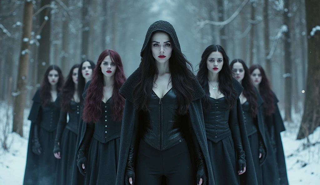 A group of 5 gothic sorceresses, blonde, redhead, brunette, ultra-sexy, a wolf at their feet, a ruined castle, mist, best quality, 4k, 8k, highres, masterpiece:1.2, ultra-detailed, realistic, photorealistic, photo-realistic:1.37, HDR, UHD, studio lighting, ultra-fine painting, sharp focus, physically-based rendering, extreme detail description, professional, vivid colors, bokeh, dark fantasy, horror, atmospheric, dramatic lighting