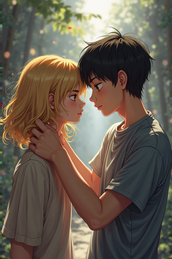 couple.of a blonde girl with short wavy hair with bangs mossy green eyes in dark clothes, with the dark-haired boyfriend with black eyes, the two lying on the grass