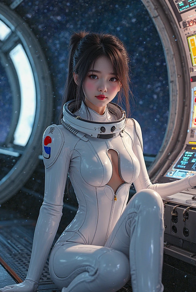 (8K, best quality, high-resolution:1.35),(Raw photo:1.2), (Photorealsitic:1.37), (masterpiece: 1.25), professional lighting, photon mapping, radiosity, symmetry, complexity, elegance, ((1 girl)), (full body), medium breast, long brown hair, blue eyes: 1.2, (long eyelashes), eye shadow, natural makeup, clear facial features, curvy build, (exposed cleavage), ((sexy white body spacesuit)), ((astronaut jacket with hoodie)), ((in a spaceship)),space station, ((sexy pose:1.5)), outer space background