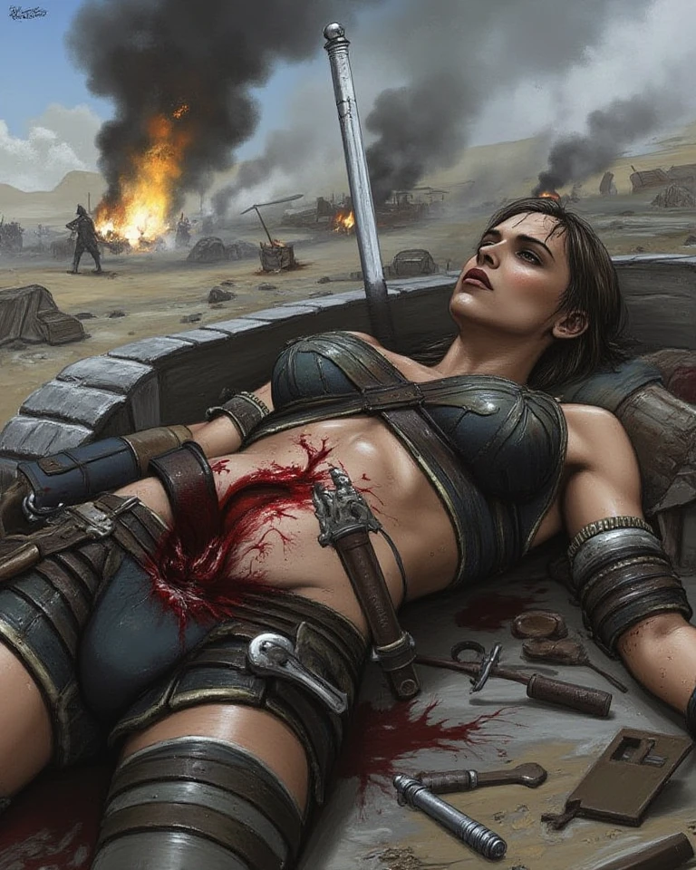 (best quality,highres:1.2), (ultra-detailed), (realistic:1.37), (HDR,UHD), (physically-based rendering), (Gorgeous and stunning curvy voluptuous Denise Milani beaten bloody and humiliated), beautiful supermodel face, ((no panties, exposed crotch:1.3)), ((topless, exposed chest:1.3)), ((olive green leather pleated skirt:1.3)), ((sexy nylon stockings:1.3)), ((short stiletto-heeled leather combat boots)), ((olive green boxing gloves:1.3)), ((full breasts:1.3)), ((perky breasts:1.3)), ((cropped, straightened jet-black hair:1.2)), (beautiful large green eyes):1.3), ((thick thighs:1.2)), (defeated humiliated pose in a boxing ring), (lying down on a bed), (lying down with legs spread), (legs spread wide open), (full body portrait), ((torn clothing:1.3)), ((torn skirt)), ((bloody scratch marks on breasts:1.4)), ((blood splatter on breasts:1.3)), ((sweaty wet body)), bruised face, beaten up, bruises, cuts, scratches, humiliated, terrified, crying, shocked, nylon stockings, sexy defeated fighter, (hot red lips, makeup:1.2), big_boltedontits, boltedontits, th3p1t,
