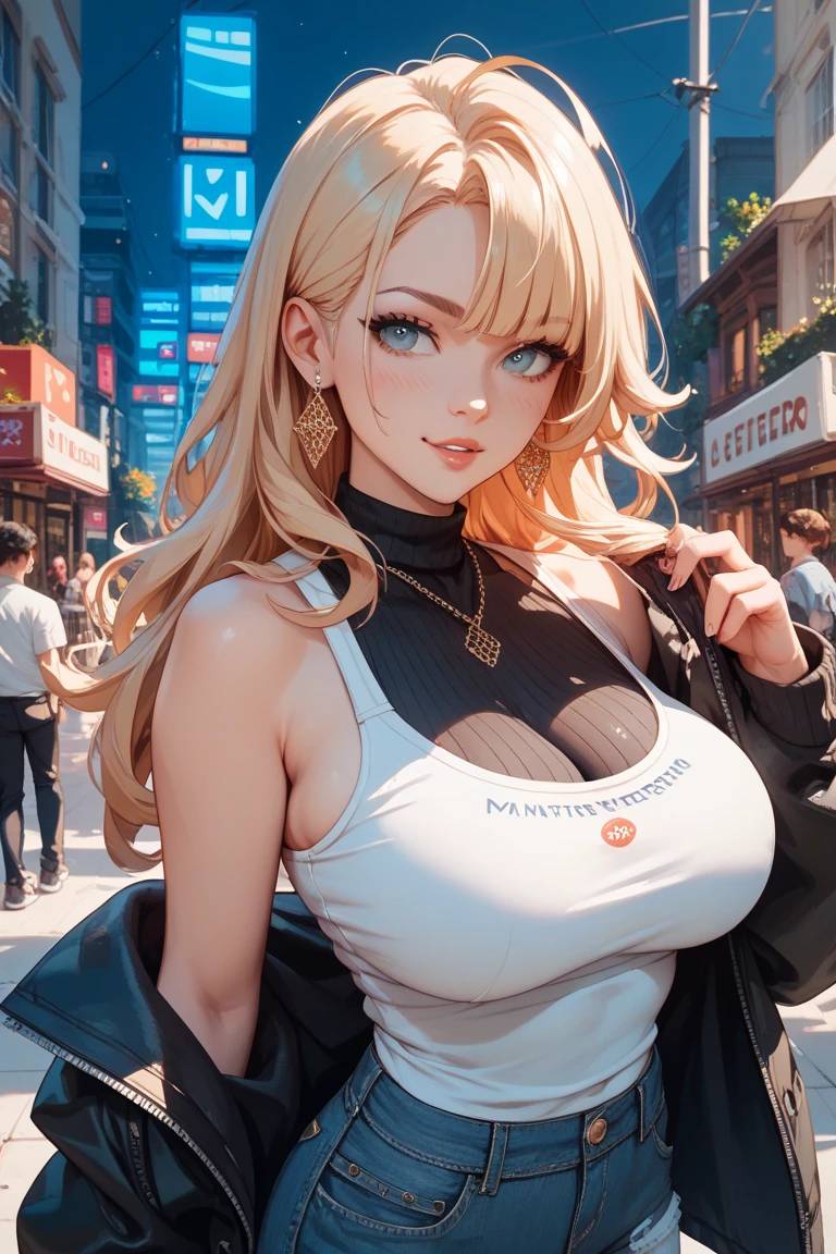 最high quality、best image quality、masterpiece、girl((20-year-old、 By becoming、vest bust、medium bust,wide open breast tea、shining eyes, blonde、long hair、thin,highest valley、ponytail、Very short shirt、short belly sports pants、cool pose、Please bring your smartphone、sweating、smile、forward leaning movement、)),high quality、beautiful art、background((Rooftop with great atmosphere at night、beautiful illumination))、Flight、debris flies、Depth of written boundary、movie、visual art、perfect art、8k,genuine、