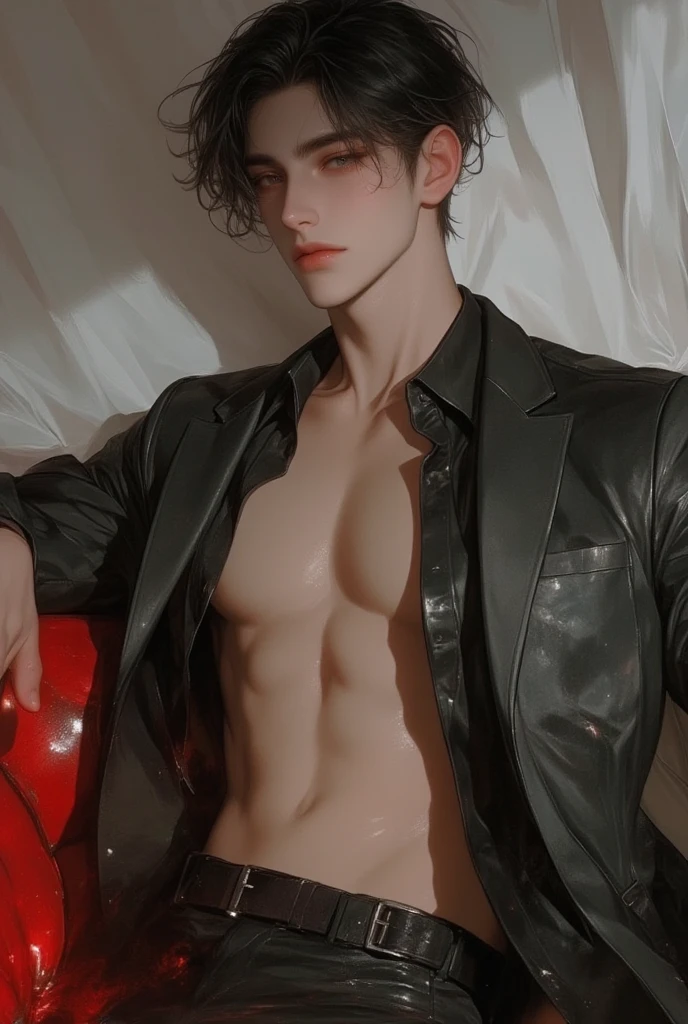 Young white man with black straight hair, Brazilian feature, eyes browns, thick eyelashes, thin with little muscle, lying without clothes, on a bed with black satin sheets, smoking a cigarette, with the smoky room and neon lights