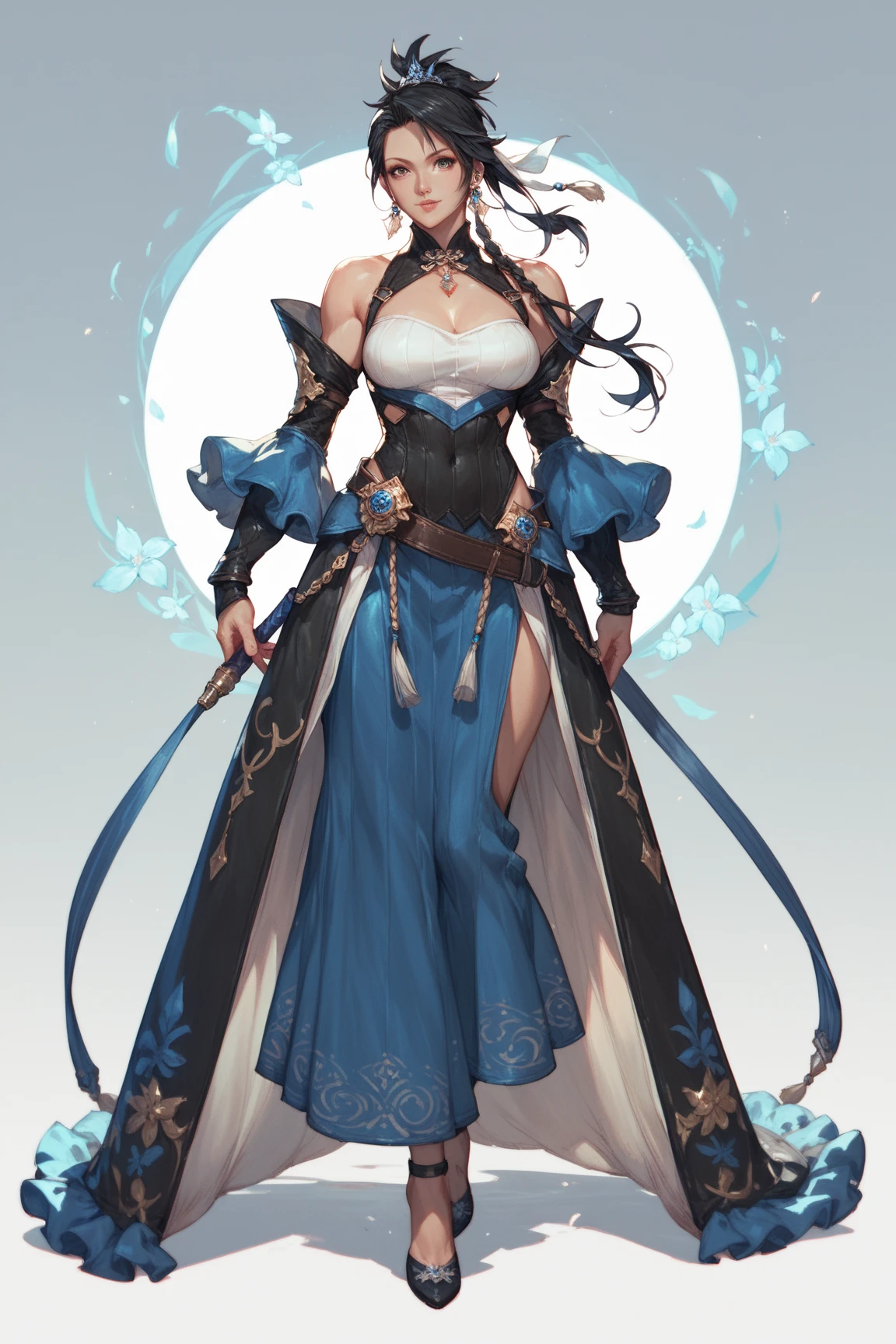 anime digital painting, 1girl, woman, fantasy rogue lord, kimono, asymmetrical legwear, leg tattoos, tattoos, shuriken, midnight, bombshell hair, ultraviolet hair, braid, hourglass figure, japanese <lora:EnvyStarlightDivergent01b:1.25>