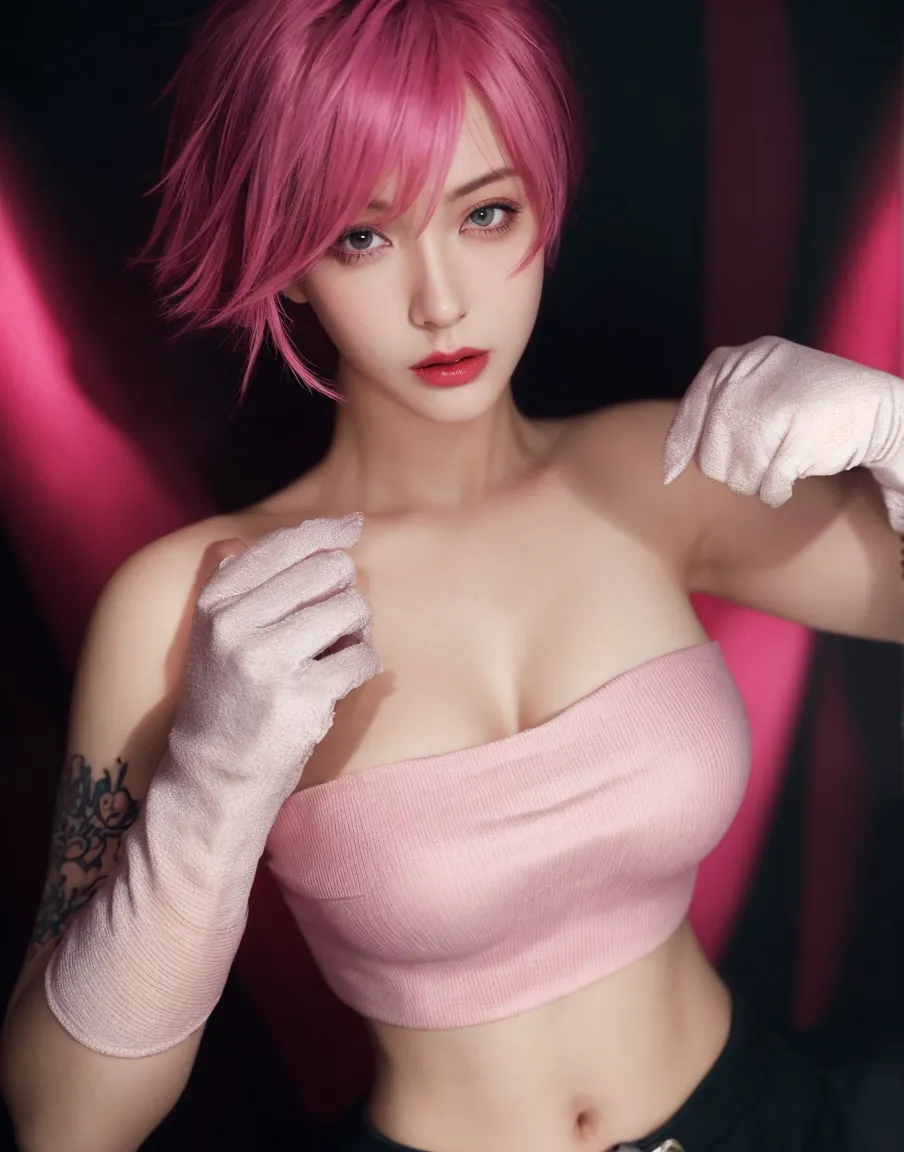 Sakura from naruto, realistic, age 25, extreme pure white skin, pink bob hair, white and pink ninja jacket, perfect face, perfect shape body, large breasts, clothes covered upper body, 3d