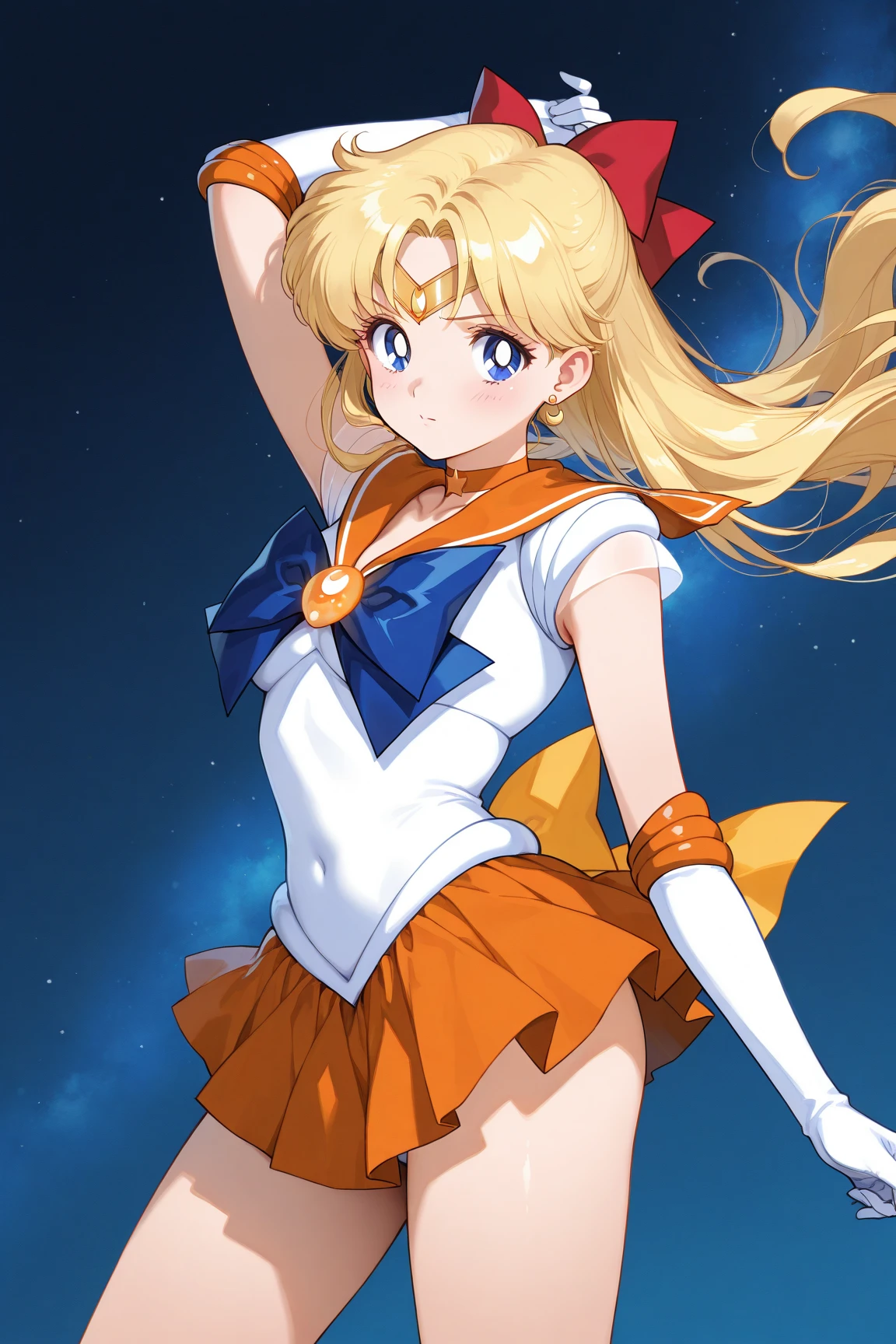 masterpiece, best quality, (1girl), supersailormoon, detailed face, happy, face focus, cowboy shot, nigh sky, moonlight, moon, sakura trees, city at night, white gloves, detailed eyes, detailed face, galaxy background, detailed background, multicolored clothes, sailor senshi uniform, multicolored skirt, hair ornament, red bow, brooch, heart brooch, earrings, crescent, heart choker, heart, miniskirt, very long hair, back bow, crescent earrings, tiara, yellow choker, boots, knee boots, red footwear