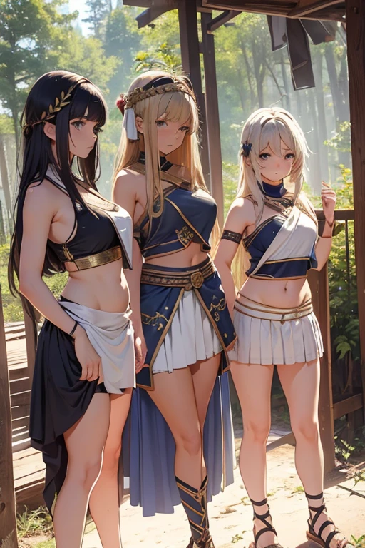 young greek warriors girls in togas , only girls , forest in the background ,four girls, sandals , close to the viewer,, sexy , multiple girls ,exposed belly, curves , black hair , blonde hair , red hair , white hair , light armor , knee pads, elbow pads,