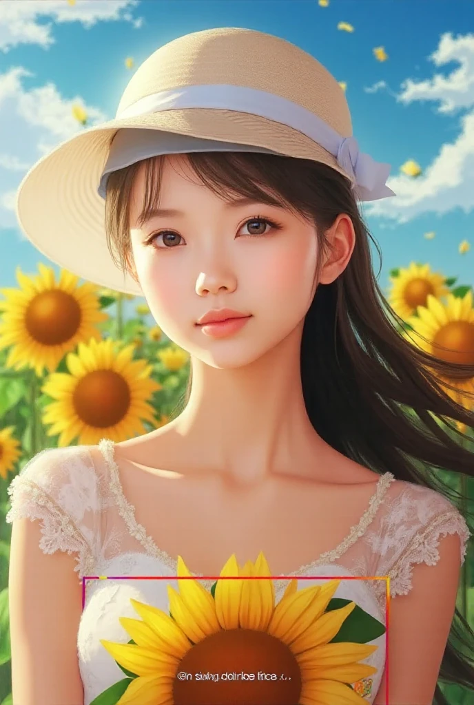 (Pencil drawing of physical education:1.4), Flowers and blue sky、Autumn sky and beautiful cosmos flowers、Landscape photo of a vast sunflower field、(View of the sky and wilderness from below)、Girl looking up at the blue sky、Draw a big picture of the sky、Tabletop、highest quality、Perfect cute smile, Perfect Face, Five numbers, Two arms,