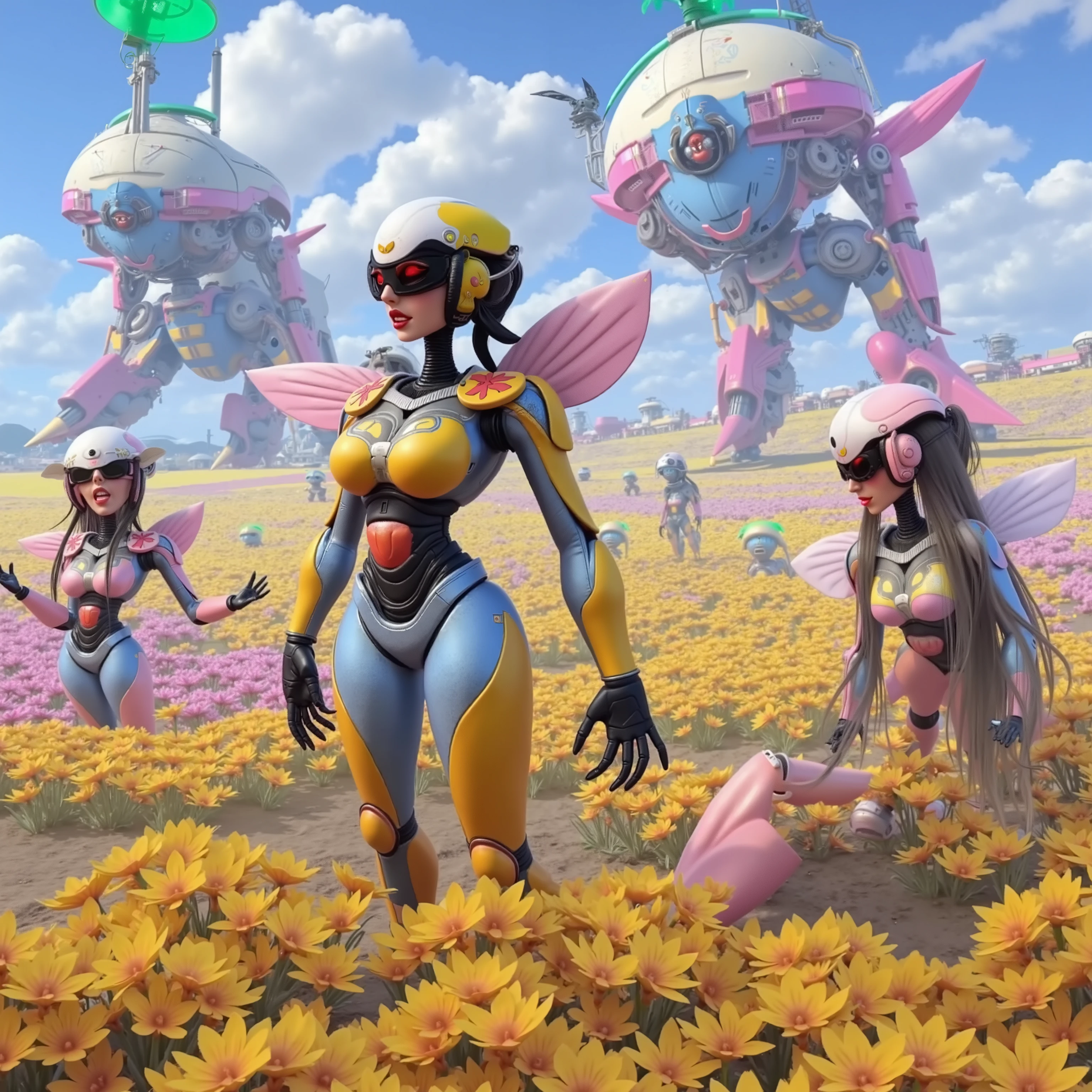 several cute androids (swh, age 20, robot joints, backlit eyes, bee themed sexy space suits, breasts covered), they are tending fields of flowers along with small robot bees. In the distance large construction mecha build a domed city for human colonists