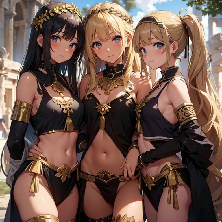 A group of female knights, (in bedroom), various hair styles, harem, beautiful leg, midriff, metal armor, showings off armpits, seducing, bdsm,