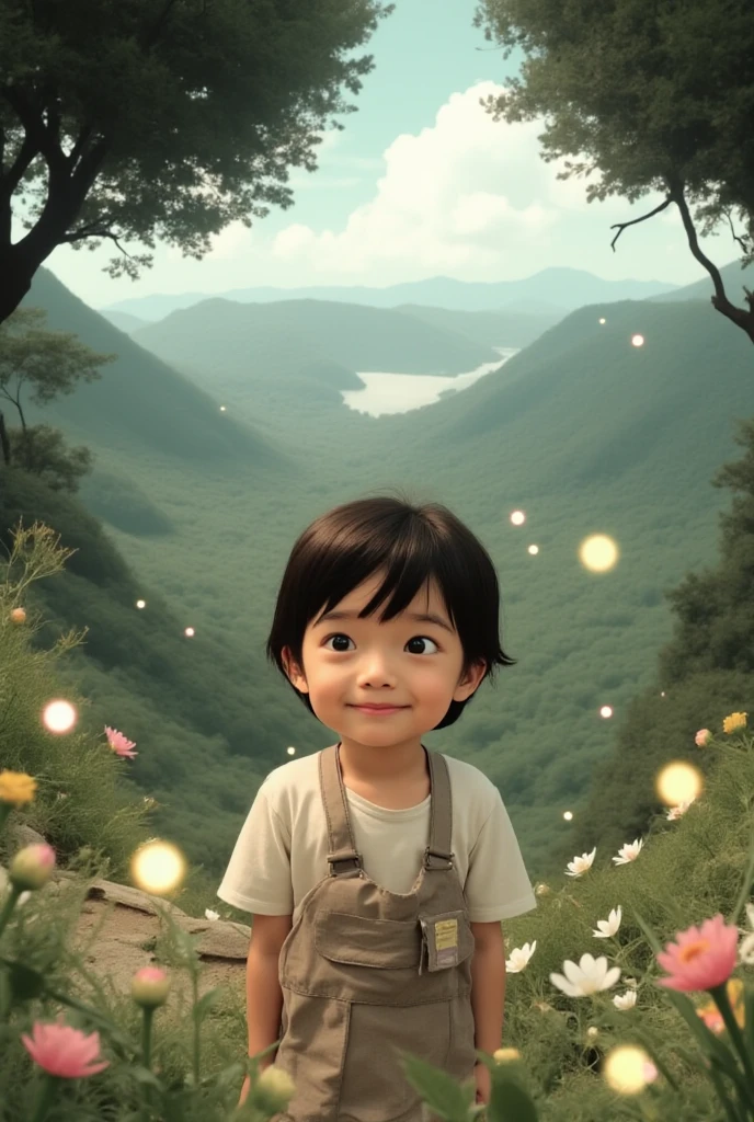 夏天,A ager,chubbiness,with short black hair,chineseidol,White short-sleeved sweatshirt,Brown cropped pants,perspired,On a boat in the reeds,facing at camera,squinty eyes,grinning smile,Extend your right hand,A gentle breeze,Orange,The light from the back window is backlighted,scenecy,Texture,blue-sky,baiyun