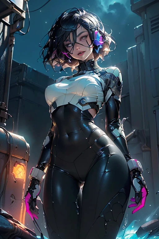 girl hacker,(((1girl))),((girl with extremely cute and beautiful hair)),
(large breasts:1.4),saggy breasts,(((eyes_turquoise:1.3))),intricate eyes,beautiful detailed eyes,symmetrical eyes,((fat)),((((pale skin,lustrous skin:1.5,bright skin: 1.5,shiny skin,very shiny skin,shiny body,plastic glitter skin,exaggerated shiny skin,shiny skin like ebony,illuminated skin,wet legs))),(spider lower abdomen,narrow waist,wide hip,athletic body,inflated legs,detailed body,(detailed face)),
cute,slutty,seductive,??????,(nsfw),
(((sci-fi flashing lights, bright colours, bulky mechanical arms, black bodysuit, surrounded by glowing cubes, floating blue glowing cubes, headphones, parted lips))),((wet clothes,intricate outfit,intricate clothes)),
(dynamic pose:1.0),solo focus,((evil smile,evil look)),(centered,scale to fit dimensions,Rule of thirds),
cyberpunk city by the ocean at night, with bright neon signs and dark stormy clouds and puddles, scenery:1.25,nighttime, starry night, cosmos,Very dark night that makes the neon lights stand out, very bright neon lights,nighttime, starry night, cosmos,
artistic photography,(photography taken by sldr),highres, sharp focus,(ultra detailed, extremely detailed), (photorealistic artwork:1.37),(extremely detailed CG unity 8k wallpaper),((synthwave background theme)),(((vibrant colors))),intricate,(intricate background),(masterpiece),(best quality),perfect rendered face,perfect face details,realistic face,photo realistic,analog style,((intricate detail)),(((realism))),