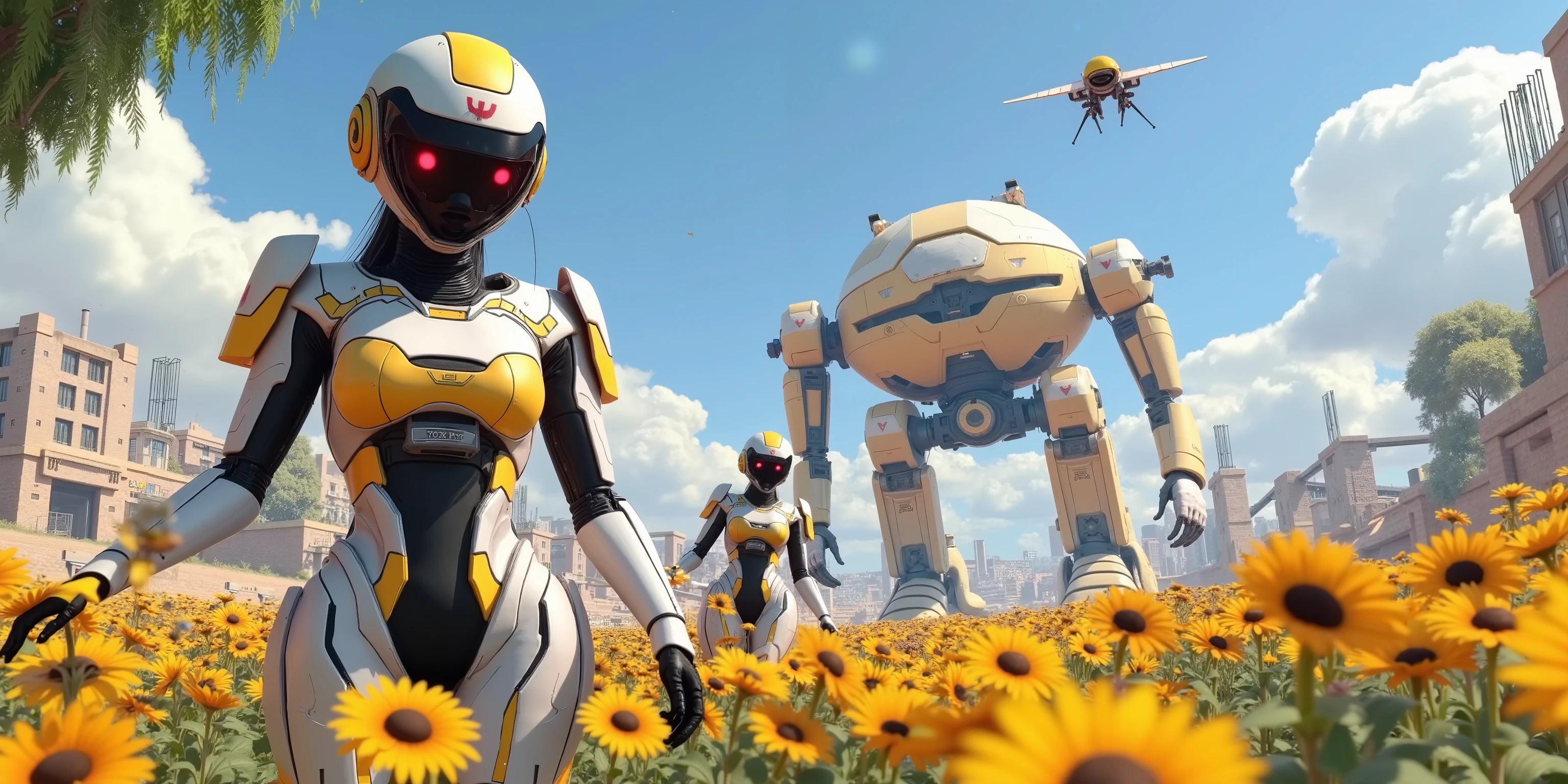 several cute androids (swh, age 20, robot joints, backlit eyes, bee themed sexy space suits, breasts covered), they are tending fields of flowers along with small robot bees. In the distance large construction mecha  build a domed city for human colonists