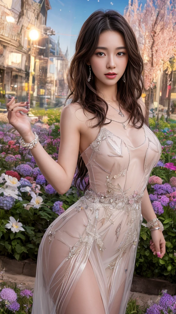 (Masterpiece, BestQuality:1.3), (ultra detailed:1.2), (hyperrealistic:1.3), (RAW photo:1.2),High detail RAW color photo, professional photograph, (Photorealistic:1.4), (realistic:1.4), ,professional lighting, (japanese), beautiful face, (realistic face), cute woman, (Brown Hair, Big Tits:1.2), (cheerful Smile:1.5), Trending Hair&Trending Hairカラーをランダムに, earrings, necklace, bracelet, sexly, erotic sexly, Random sexy gravure poses, (A beautiful woman wearing a red see-through dress、Walking in the garden, exposed to the wind。:1.3)