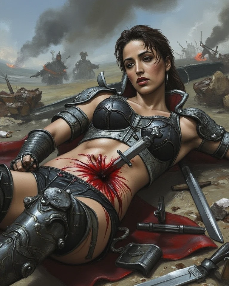 (best quality,highres:1.2), (ultra-detailed), (realistic:1.37), (HDR,UHD), (physically-based rendering), (Gorgeous and stunning curvy voluptuous Denise Milani beaten bloody and humiliated), beautiful supermodel face, ((no panties, exposed crotch:1.3)), ((topless, exposed chest:1.3)), ((olive green leather pleated skirt:1.3)), ((sexy nylon stockings:1.3)), ((short stiletto-heeled leather combat boots)), ((olive green boxing gloves:1.3)), ((full breasts:1.3)), ((perky breasts:1.3)), ((cropped, straightened jet-black hair:1.2)), (beautiful large green eyes):1.3), ((thick thighs:1.2)), (defeated humiliated pose in a boxing ring), (lying down on a bed), (lying down with legs spread), (legs spread wide open), (full body portrait), ((torn clothing:1.4)), ((torn skirt:1.3)), ((bloody scratch marks on breasts:1.5)), ((blood splatter on breasts:1.3)), ((sweaty wet body)), bruised face, beaten up, bruises, cuts, scratches, humiliated, terrified, crying, shocked, ((torn nylon stockings:1.3)), torn skirt, sexy defeated fighter, (hot red lips, makeup:1.2), big_boltedontits, boltedontits, th3p1t,