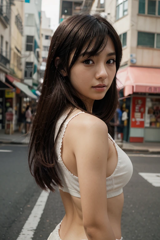 NSFW:1.5,((highest quality、8K resolution、master masterpiece、portrait:1.3)), Photoreal, 35mm film, 1 Japanese female, Upper body、on the street during the day, wrinkles around the eyes、plump body、cleavage、long hair_bangs、smile,((white bra_panties:1.3)) , (outdoor:city street 1.3), jumbled background,look at the audience,Tokyo cityscape:1.3,close your mouth