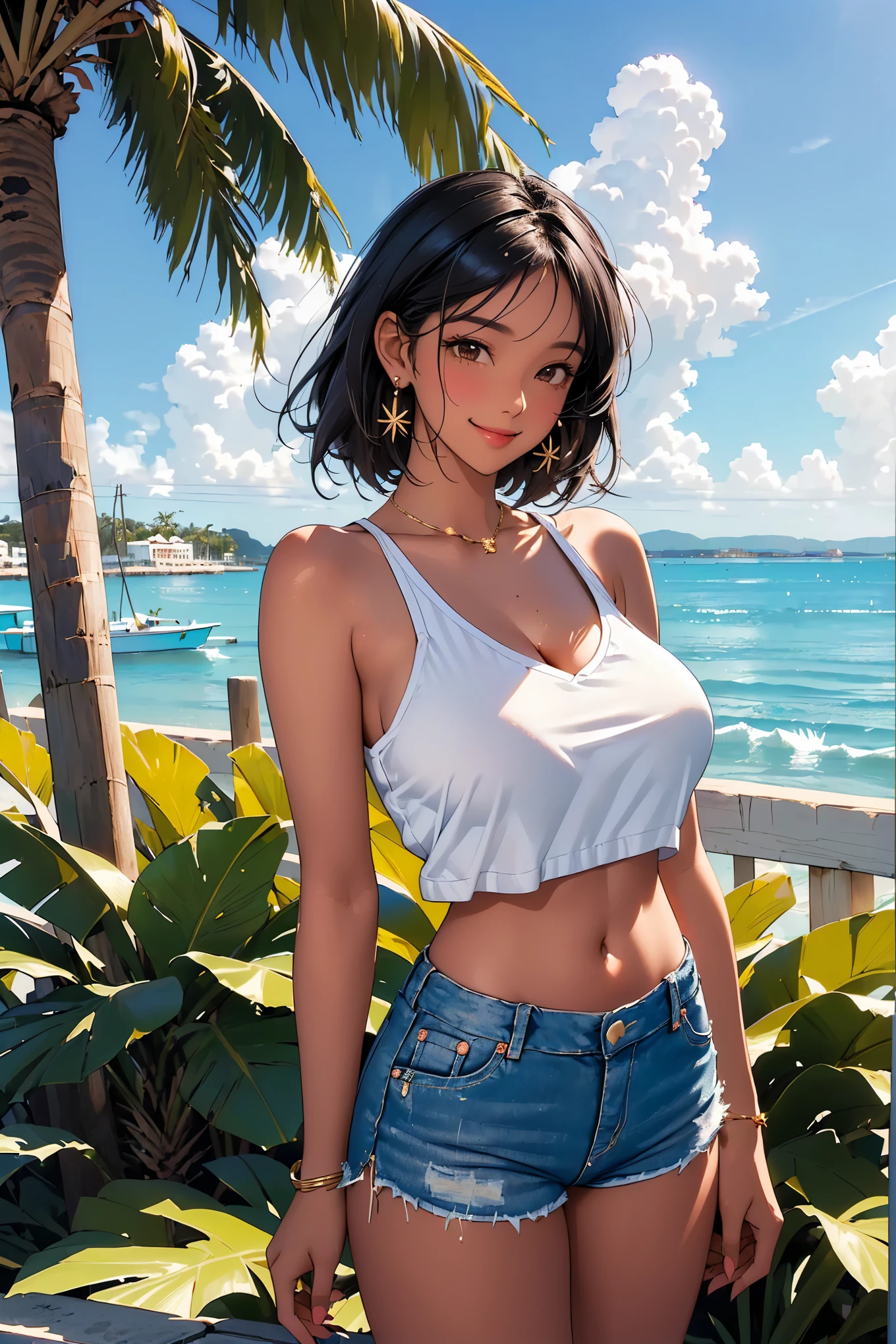 [Seaside Girl], (Summer Palm Beach :1.5), Nanyang female idol wearing a white tank top and denim micro shorts, hibiscus hair ornament, Shorten your head, hazel eyes, min, round face, black medium straight hair, dark skin, huge breasts, Strong thighs, Thin torso , big butt, Dark skin that shines with oil, gold earrings, full body shot with mahiru, low angle, cowboy shot, smile, ebony,  navel on my hips, full body shot with mahiru