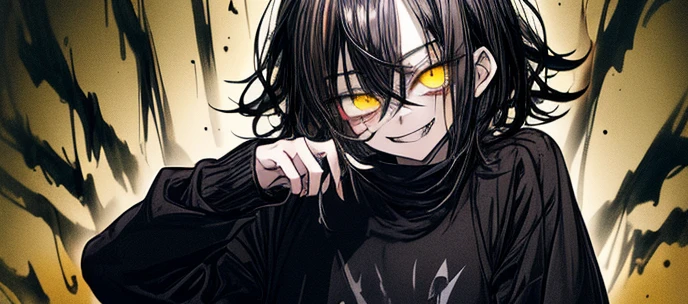 1 guy, blue eyes, black hair, wears glasses, a lot of scars on his face, long hair disheveled, male build, looks at the viewer, angry face, rage, smoke, dressed in a black T-shirt, chains on his hands, black pants, black background, blood on clothes, blood on cheek, shadowed face, detailed, beautiful, delicate tones