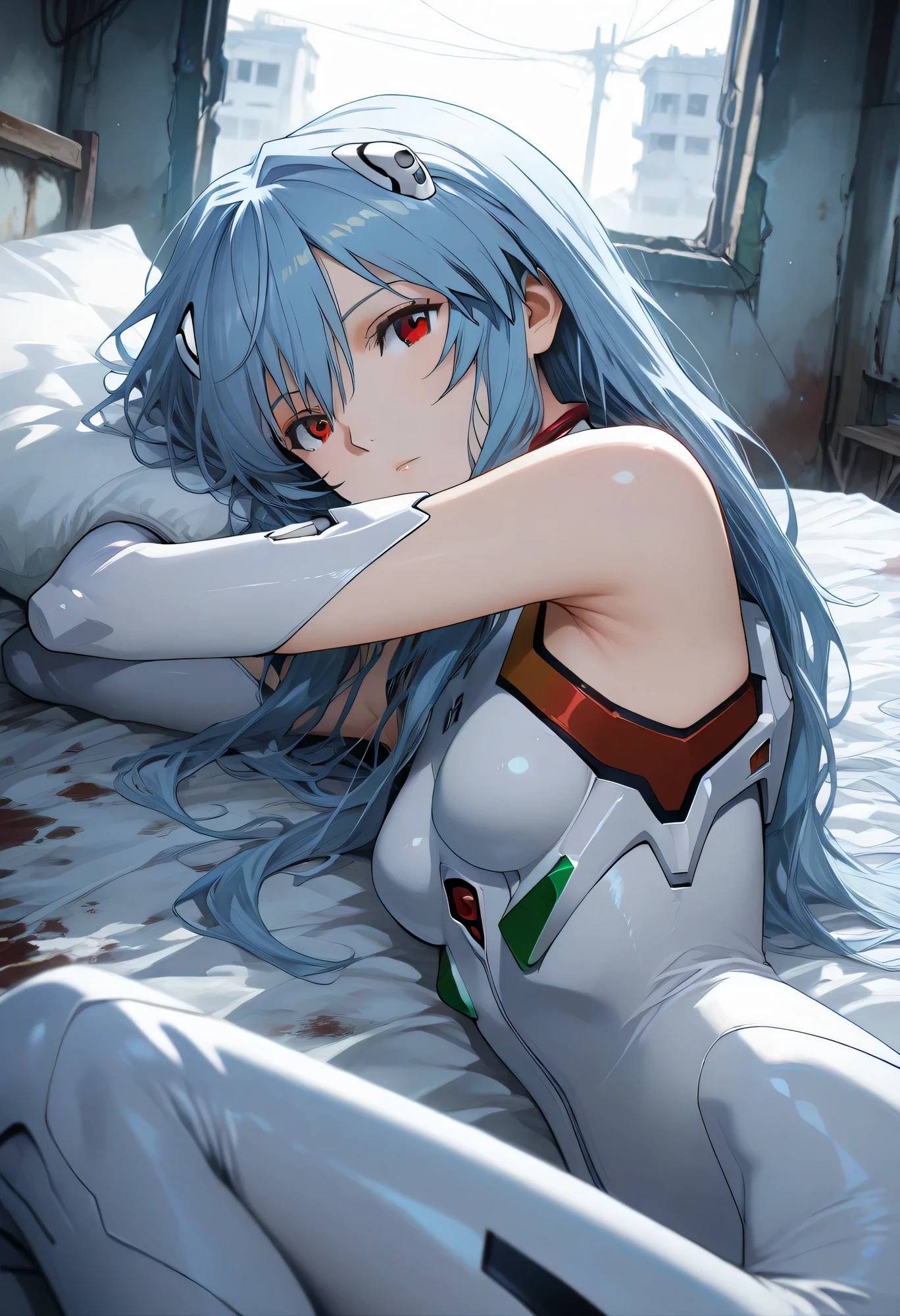 best quality, masterpiece, looking at viewer, 1girl,portrait of r31ayanam1, Dirty bedroom in an abandoned building, Old bed, 1girl, blue hair, red eyes, long hair style, white plugsuit, Armpit , Lying on bed, on side, from below